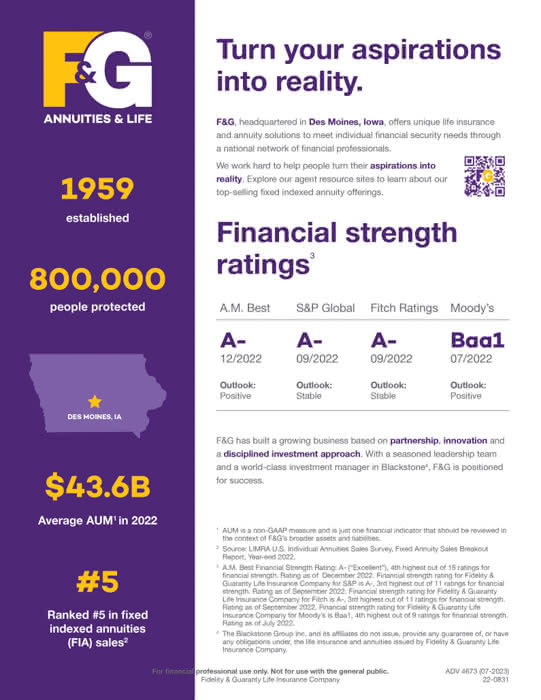 advertisement for F&G featuring stats and financial strength ratings